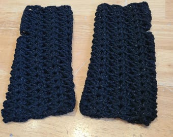Black glitter wristwarmers, Black fingerless gloves, black fingerless mittens, black crochet wristwarmers, thumb hole, gothic wristwarmers,