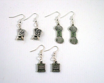 Knitters Earring Gift Set - Yarn Earrings - Spinning Wheel Earrings - Thread Earrings - Crafters Gift Set