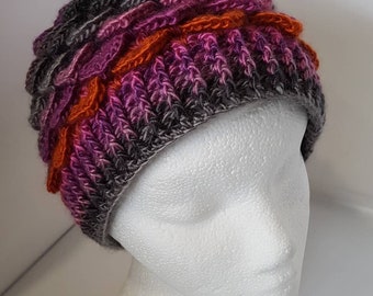 Pink Fairy Hat, Adult sized Dragon scale hat, Pink beanie hat, Pink crocodile stitch hat, Pink hat, Grey hat - Pink and grey, luna, orange