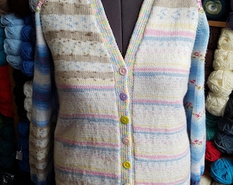 Pastel boho cardigan, cottagecore cardigan, plus size cardigan, 40" to 46" chest, blue and cream cardigan, hippy, quirky cardigan, festival