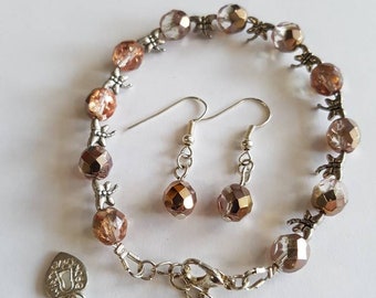 Sparkly Brown Bracelet set - brown bracelet and earrings - Brown glass bracelet - brown jewellery set - dragonfly bracelet