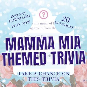 Pode incluir: Um gráfico digital para um jogo de trivia com o tema Mamma Mia. O design apresenta o texto "MAMMA MIA THEMED TRIVIA" em letras roxas grandes e em negrito. O texto adicional inclui "DOWNLOAD INSTANTÂNEO JOGAR AGORA" e "20 PERGUNTAS".