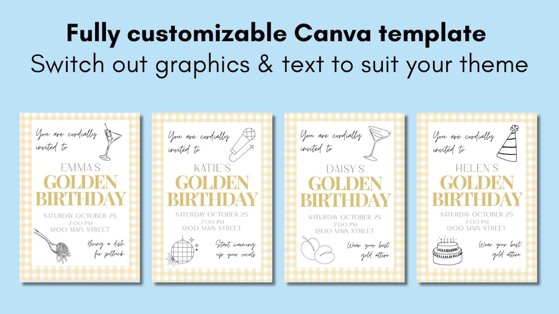 Golden Birthday Invitation Canva Template Editable Gold Party Invite