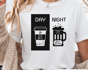 Camiseta divertida de enfermera: diseño de café y cerveza de día y de noche.