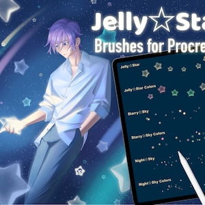 May include: A digital illustration of a tablet screen displaying a set of star-shaped brushes for the Procreate app. The brushes are labelled "Jelly Star", "Starry Sky", and "Night Sky".