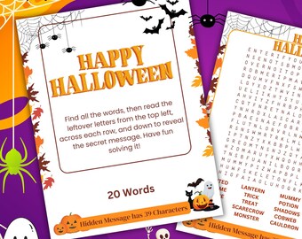 Happy Halloween Word Search Puzzle with Hidden Message | 20 Words Printable Digital Download