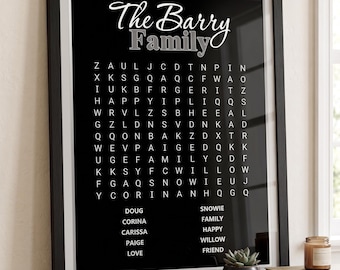 Póster mural personalizado con sopa de letras para la familia: nombres personalizados, PDF imprimible, PNG y SVG.