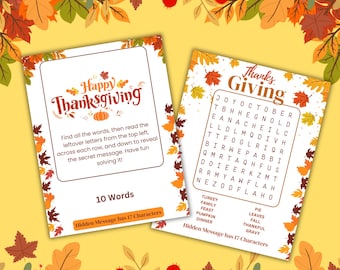 Happy Thanksgiving Word Search Puzzle with Hidden Message | 10 Words Printable Digital Download