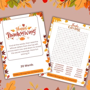 May include: Two Thanksgiving-themed activity sheets with fall foliage decorations. One sheet says "Happy Thanksgiving" and includes instructions for a word puzzle. The other sheet says "Thanks Giving" and features a word search.