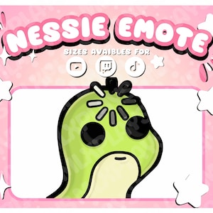 Puede incluir: Un fondo rosa con el texto "NESSIE EMOTE" en blanco y rosa. La imagen presenta una ilustración de dibujos animados del Monstruo del Lago Ness en verde con detalles en negro. El texto "SIZES AVAILABLE FOR" está encima de los iconos de las redes sociales.