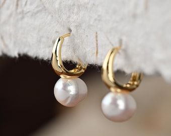 Hoop Pearl Earrings, 14K Gold Plated Pearl Earrings, Fresh Water Pearl Earrings, Pearl Drop Earrings, Wedding Jewelry