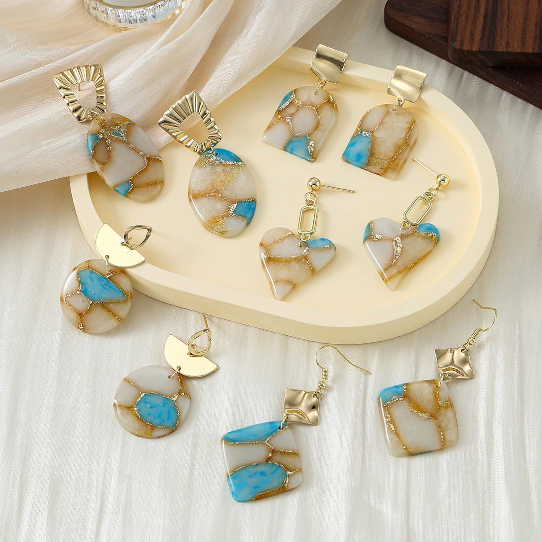 Geometric Clay Earrings Marble Texture Pattern With Gold Fine Glitter ...