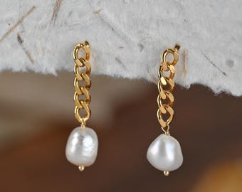 Gold Chain Pearl Drop Earrings, Chunky Chain Pearl Earrings, Baroque Pearl Earrings, Statement Pearl Earrings, Pearl Earring Gift For Her