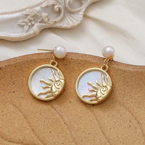 Sun Pearl Earrings, Sun Charm Dangle Stud Earrings, With Mother Of Pearl Charm, Minimalist Pearl Earrings, Celestial Jewelry