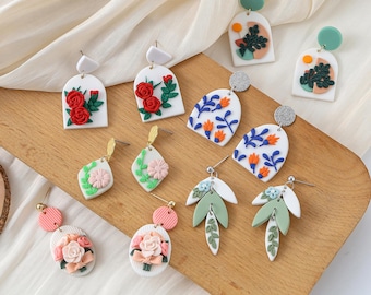 Flower Clay Earrings Dangle Earrings Various Flower Patterns Natural Botanical Flower Earrings Unique Handmade Earrings Polymer Clay Jewelry