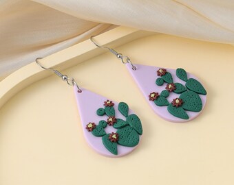 Cactus Clay Earrings Cactus Flowers Pattern Purple Green Brown Plant Lovers Earrings Handmade Jewelry Polymer Clay Jewelry