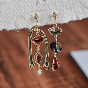 Abstract Asymmetrical Earrings, Geometric Statement Drop Earrings, Avant Garde Red Crystal Art Jewelry, Modern Boho Dangle Earrings for Girl