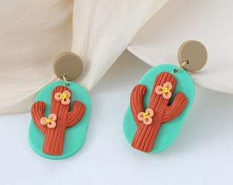 Cactus Desert Earrings Summer Cactus Flowers Pattern Green Brown Pink Desert Retro Style Lightweight Jewelry Polymer Clay Jewelry