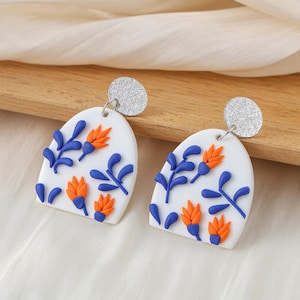 Orange Floral | Clay Earring | Orange Flower Blue leaf Patterns | Blue Orange White | New Artist Modern Style | Polymer Clay Jewelry