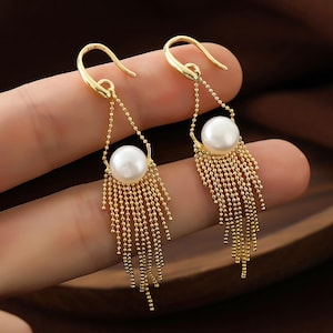 Dainty Pearl Tassel Earrings Hook Earrings Natural Freshwater Pearl Dangle Pearl Earrings Wedding Earrings Bridesmaids Gifts