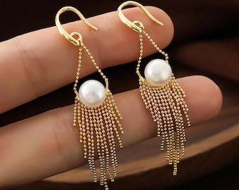 Dainty Pearl Tassel Earrings Hook Earrings Natural Freshwater Pearl Dangle Pearl Earrings Wedding Earrings Bridesmaids Gifts