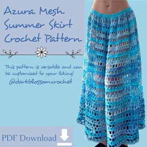 May include: A blue crochet summer skirt with a mesh design. The skirt has a gradient of light and dark blue hues. Text on the image reads "Azura Mesh Summer Skirt Crochet Pattern" and "PDF Download".