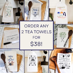 Any TWO Tea Towels: Embroidered Cotton Kitchen Towels, Movie and Classic TV Themes, LOTR, Twin Peaks, H. Potter, The Bear, Only Murders...