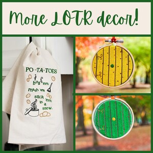 An unbleached off white linen tea towel embroidered with a quote from Lord of the Rings movie, the Two Towers. The Quote is Potatoes. Boil 'em, mash 'em, stick'em in a stew. Playful potatoes fall down to a  large whimsical pot, and a classic potatoes masher. The fonts represent the verbs, with steam coming off of the boil em phrase and the letters in mashed closely pushed together. Colors are a bold emerald green and a soft golden brown. Hang this towel in kitchen of any hobbit, elf, or wizard.