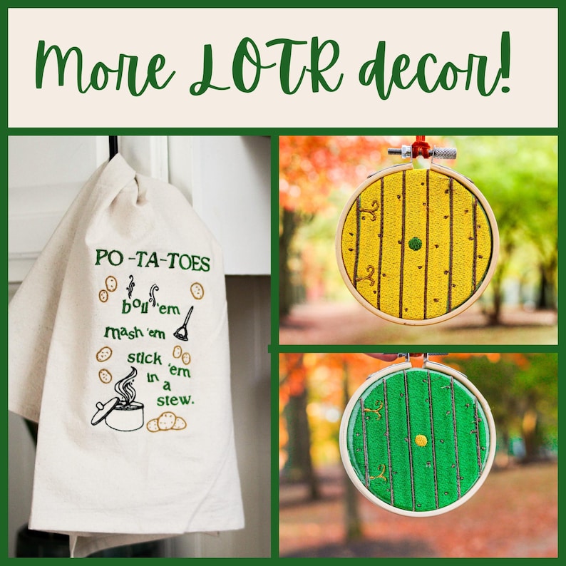 An unbleached off white linen tea towel embroidered with a quote from Lord of the Rings movie, the Two Towers. The Quote is Potatoes. Boil 'em, mash 'em, stick'em in a stew. Playful potatoes fall down to a  large whimsical pot, and a classic potatoes masher. The fonts represent the verbs, with steam coming off of the boil em phrase and the letters in mashed closely pushed together. Colors are a bold emerald green and a soft golden brown. Hang this towel in kitchen of any hobbit, elf, or wizard.
