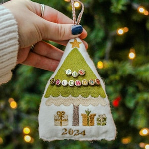 Custom Family Name Christmas Ornament: Embroidered Felt Tree with Gold Beads