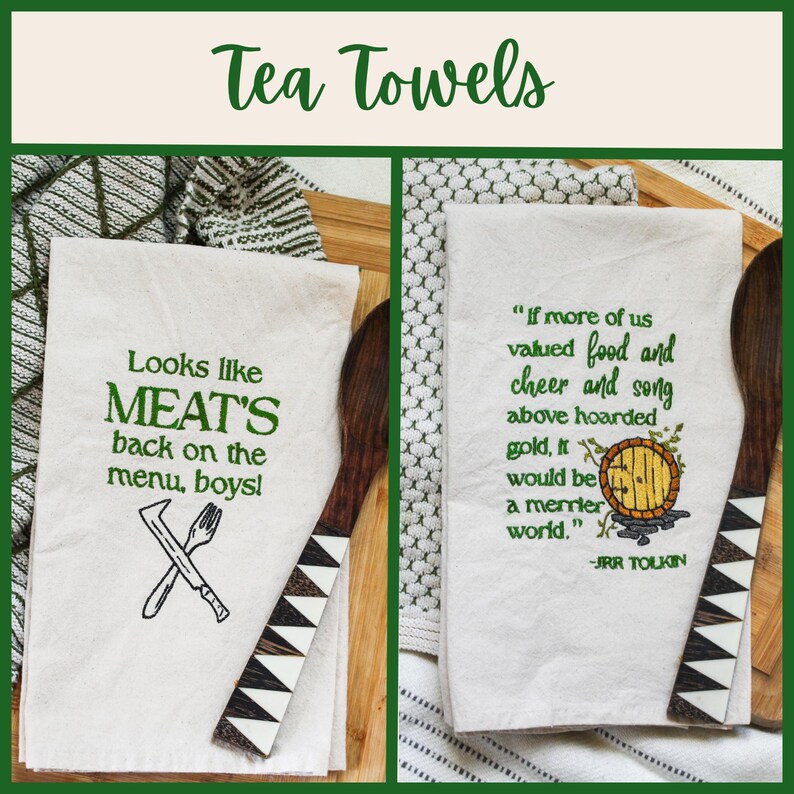 An unbleached off white linen tea towel embroidered with a quote from Lord of the Rings movie, the Two Towers. The Quote is Potatoes. Boil 'em, mash 'em, stick'em in a stew. Playful potatoes fall down to a  large whimsical pot, and a classic potatoes masher. The fonts represent the verbs, with steam coming off of the boil em phrase and the letters in mashed closely pushed together. Colors are a bold emerald green and a soft golden brown. Hang this towel in kitchen of any hobbit, elf, or wizard.