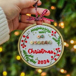 Custom Family Name Christmas Ornament: Embroidered Holiday Wreath