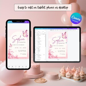 May include: A pink and purple birthday invitation with a butterfly design. The invitation says "Sophia is turning three" and includes the date "June 03, 2025".