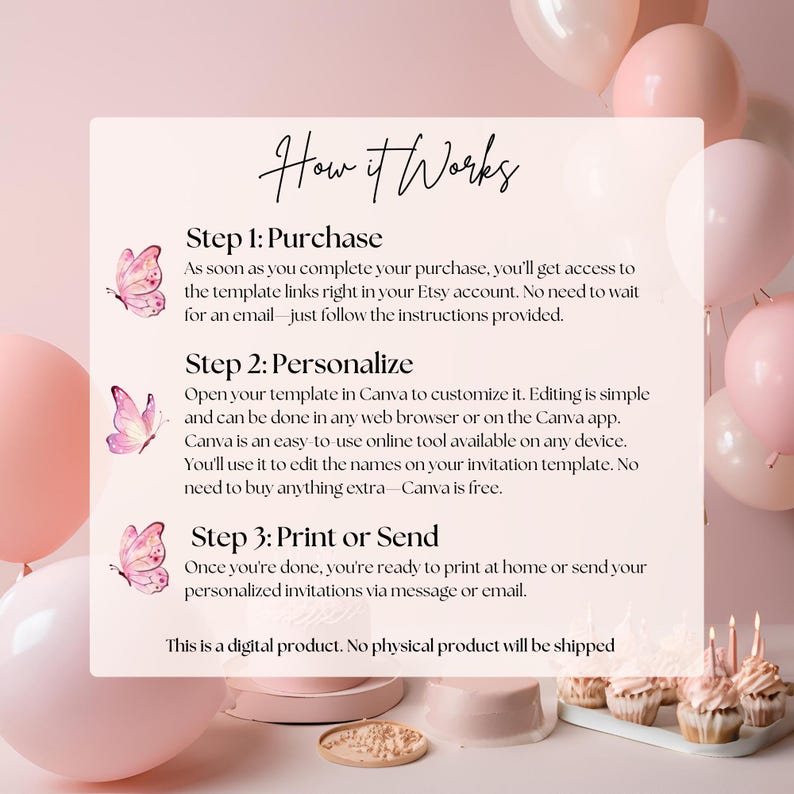May include: A pink and white graphic with butterflies and text that reads "How it Works". The graphic explains the steps to purchase, personalize, and print or send a digital product. The text also states that this is a digital product and no physical product will be shipped.