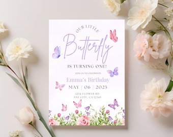Butterfly Birthday Invitation: Purple Pink Floral Template (Digital Evite)