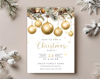 Gold & White Christmas Invitation | Custom Editable Holiday Party Invite | Printable Evite Template | Instant Download