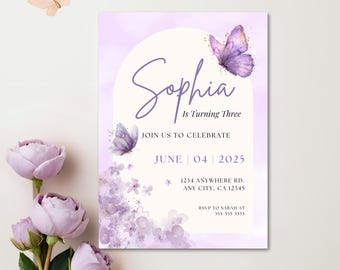 Lavender Butterfly Birthday Invitation: Editable Lilac Floral Template (Digital Evite, 5x7" PDF)