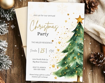 May include: A Christmas party invitation with a watercolor Christmas tree design. The invitation includes the text "Join us for our annual Christmas Party" and event details. The invitation is on a wooden background.