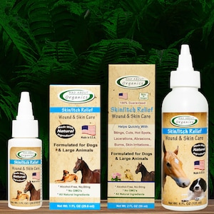 May include: Three bottles of Mad About Organics Skin/Itch Relief wound and skin care for dogs and large animals. The bottles are labeled with the product name, ingredients, and net weight. The bottles are in front of a green leafy background.