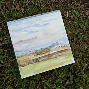 Watercolor landscape/ On the fields/ Watercolor painting/ small art 8x8 inches/ nature art/ countryside landscape/ handpainted art