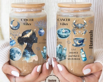 Personalized Cancer Zodiac Glass Cup – Astrology Iced Coffee Tumbler with Name