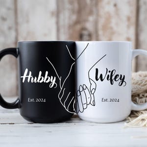 Engagement Mug Hubby Wifey,Personalized Mr and Mrs Coffee Mugs,Gifts for Engaged Couple,Husband and Wife Fiance Gifts,Gift Ideas for Couples