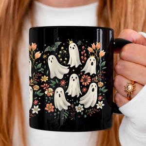 Cute Ghosts Coffee Mug,Festive Halloween Ceramic Mug,Fall Mugs,Cute Halloween Mug,Spooky Witchy Mugs for Ghost Lovers,Wildflower Ghost Mug
