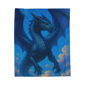 May include: A blue dragon with outstretched wings against a night sky background. The dragon has detailed scales and horns, with clouds in the foreground. The artwork is a fantasy-themed design.