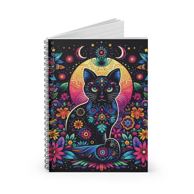 Spiral Notebook - Black Cat Moon Floral Design, Ruled Journal, Cat ...