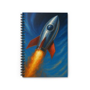 Space Rocket Spiral Notebook - Ruled Line, Silver Rocket with Porthole and Shiny Red Fins Flying into Space, Astronomy Journal, Spaceship