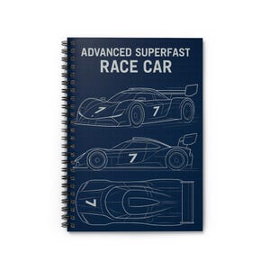 May include: Spiral-bound notebook with a dark blue cover featuring white blueprint-style illustrations of a race car. The text "ADVANCED SUPERFAST RACE CAR" is printed at the top. The car designs include side and top views.