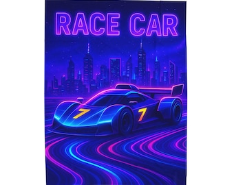 Manta de felpa de coche de carreras de neón, acogedora manta para niños, decoración vibrante para el dormitorio, regalo para fanáticos de las carreras, manta de terciopelo suave