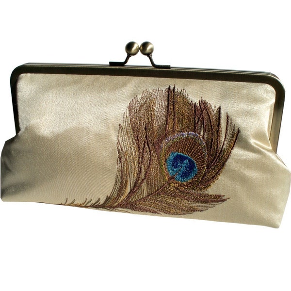 Pure Silk Embroidered Peacock Feather Luxury Clutch Purse LARGE