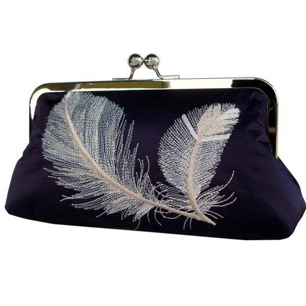 Pure Silk Embroidered Feathers Clutch in Navy Blue and Ivory